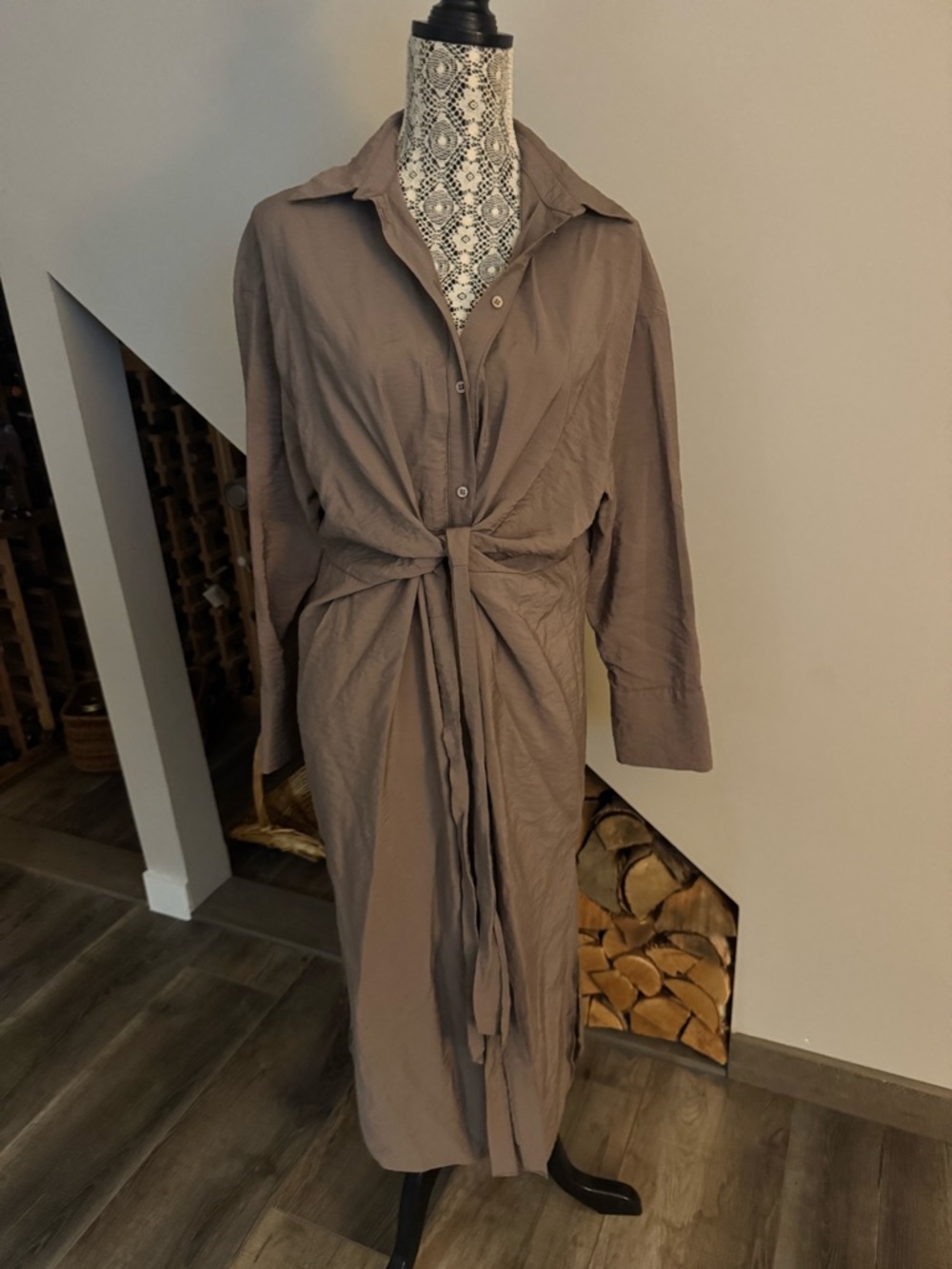 H&M Taupe Maxi Shirt Dress with Front Tie size S